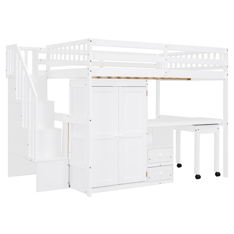 Loft Bed With Stairs, Bookshelf, Drawers, Desk & Wardrobe, Space Saving Multifunctional Furniture