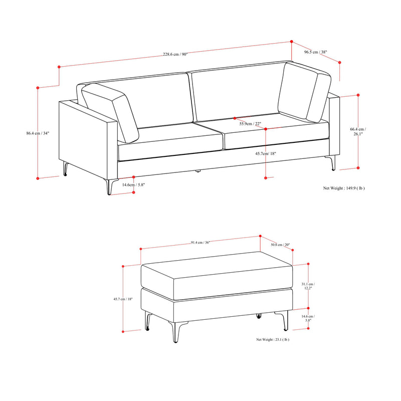 Ava - Mid Century Sofa With Ottoman Set