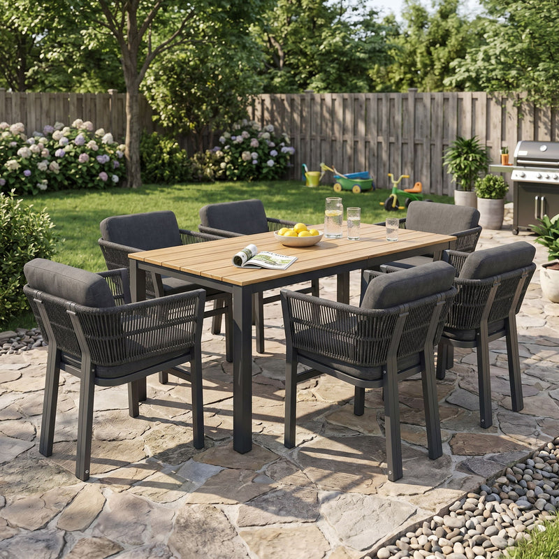 7 Piece Outdoor Dining Set With Table And 6 Chairs - Black / Teak / Gray