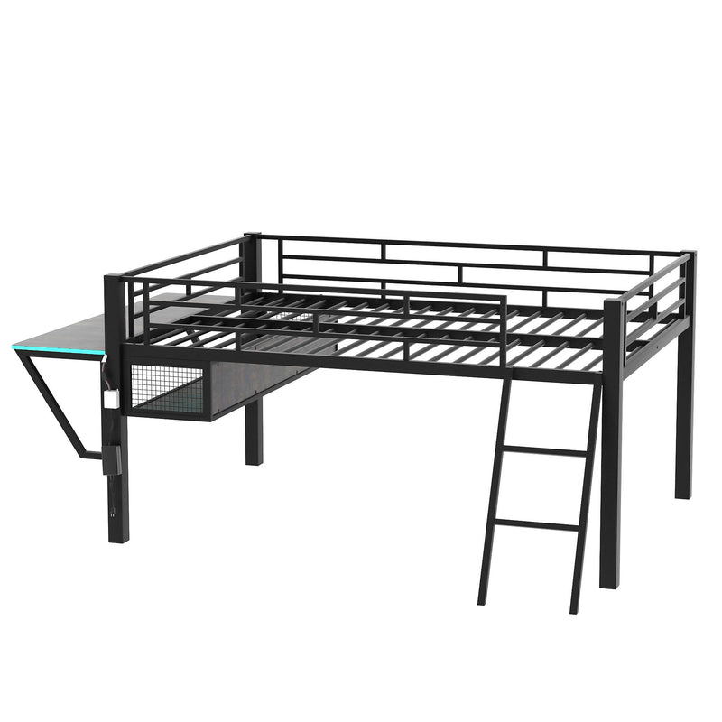Gaming - Full Size Loft Bed With Desk, LED - Black