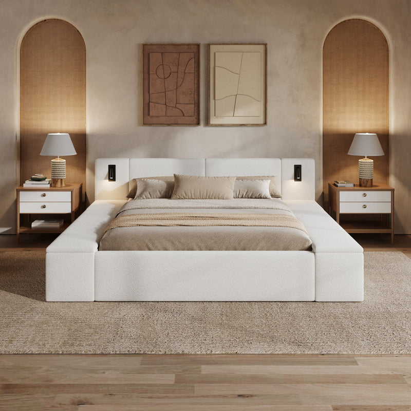 Upholstered Platform Bed Frame With Hidden Storage, Built-In Nightstands & LED Reading Lights
