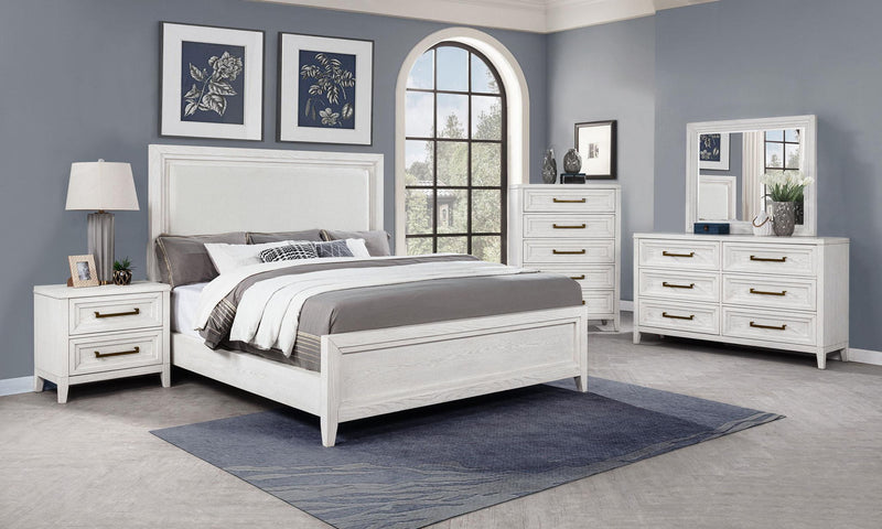 Marielle Eastern King Upholstered Panel Bed Distressed White