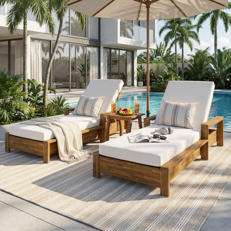 Chaise Lounge Set With 3 Position Adjustable Backrest, 2 Fold Cushion, Outdoor Recliner For Patio - Cream / Teak
