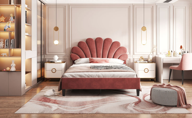 Upholstered Platform Bed With Flower Pattern Headboard