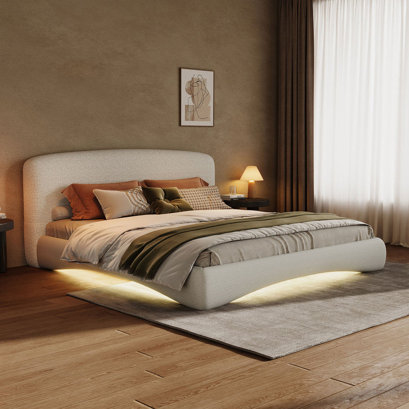 King Curved Upholstered Bed With Smart Ambient Lighting - Cream
