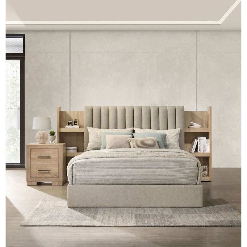 Merritt - Queen Bookcase Storage Bed With Tufted Headboard - Light Oak / Light Tan