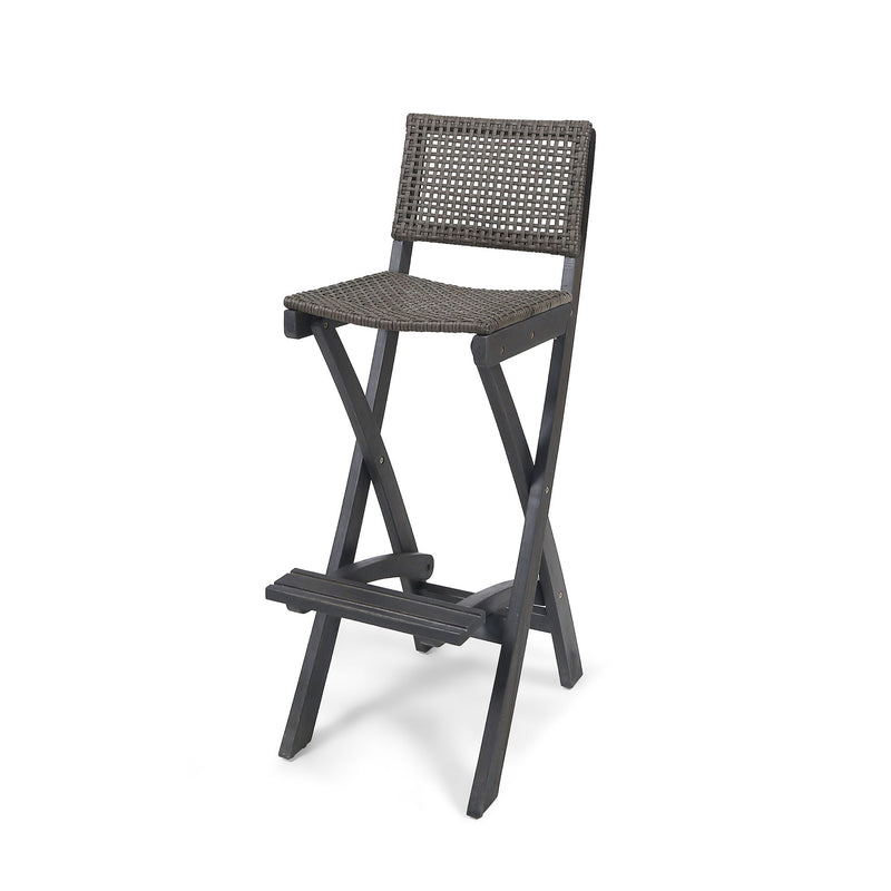 Outdoor Folding Acacia Wood Barstools With Rattan Backrest And Seat, (Set of 2) - Dark Gray