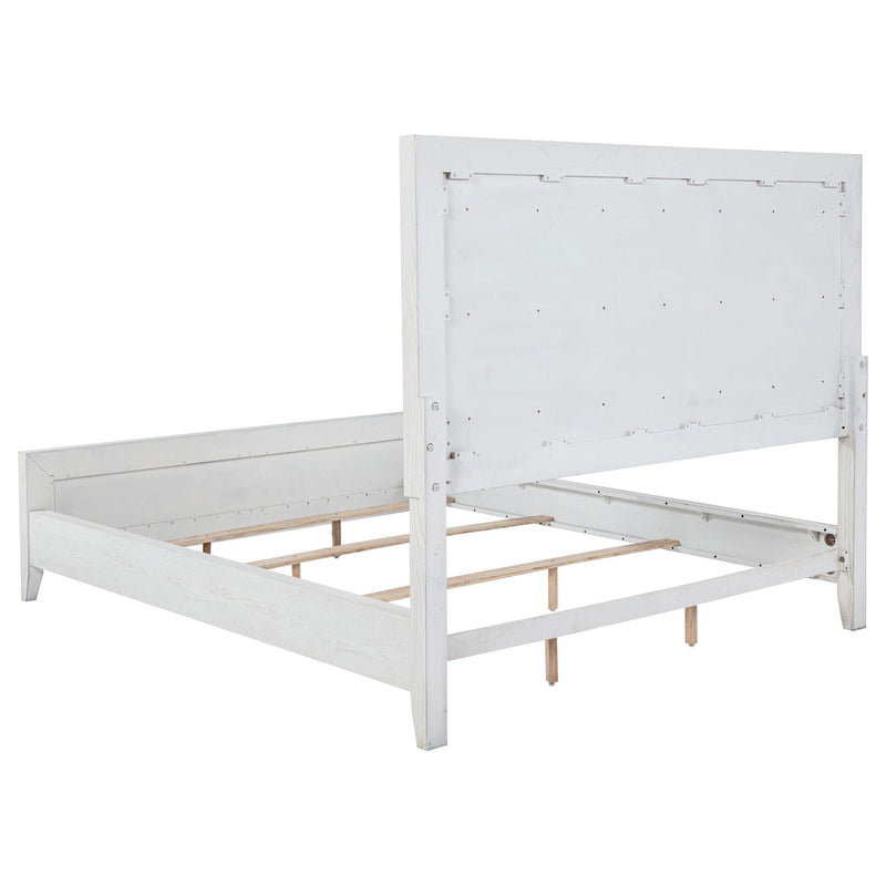 Marielle Eastern King Upholstered Panel Bed Distressed White