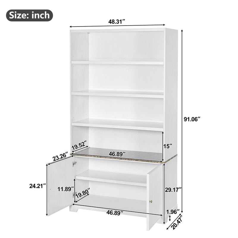 Tall Bookcase Storage Cabinet With 3 Open Shelves & Fluted Double Doors
