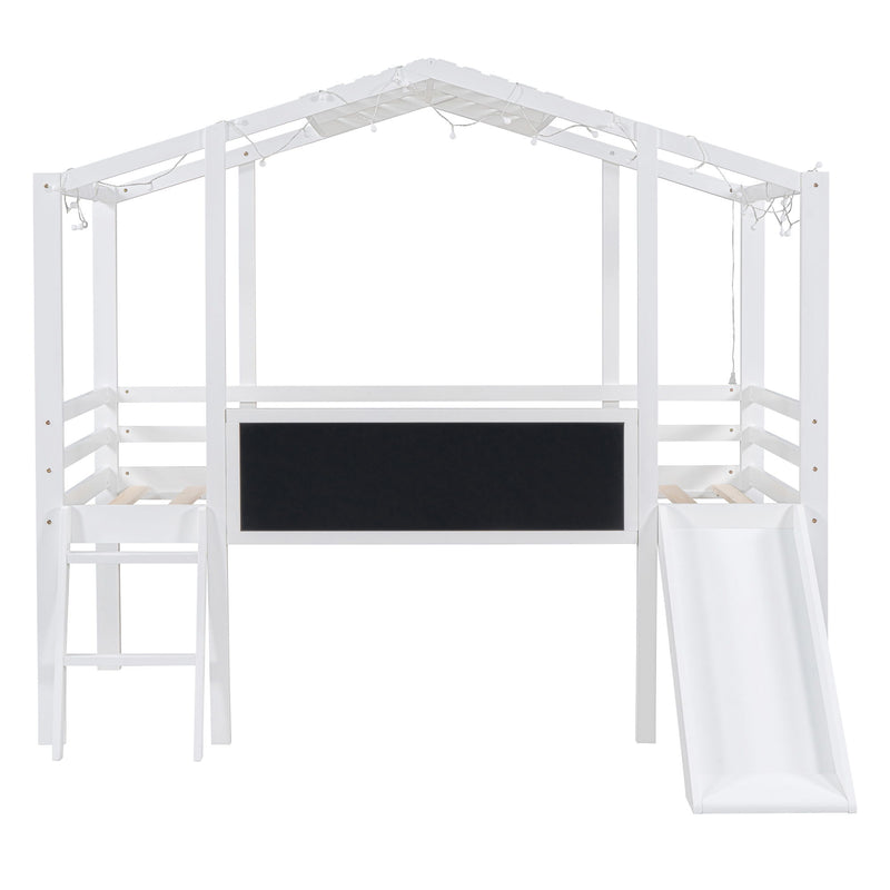 Loft House Bed With Ladder And Slide, With board And Light Strip On The Roof