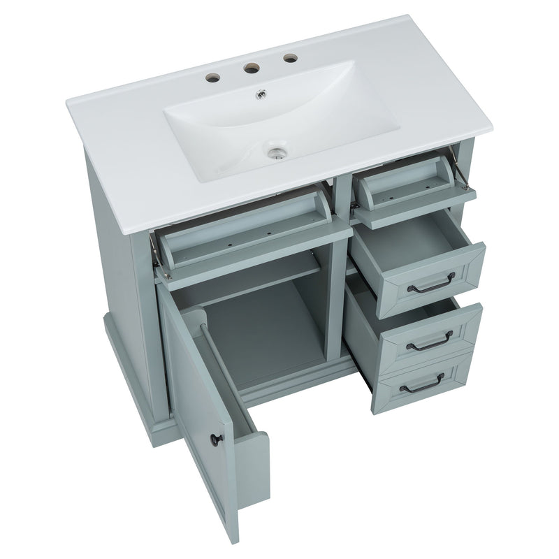 Bathroom Vanity With Ceramic Sink, Freestanding Design, 2 Tip Out Drawers, Soft Close Hinges - Gray