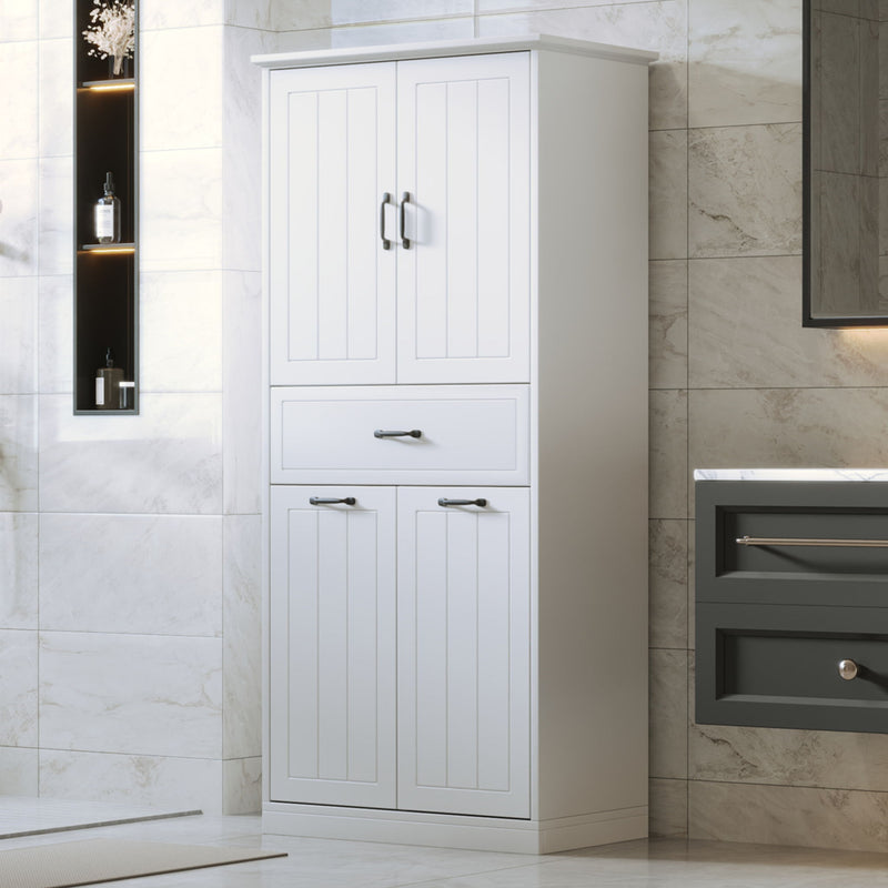 Modern Bathroom Storage Cabinet With Two Laundry Baskets, One Drawer, Adjustable Shelf