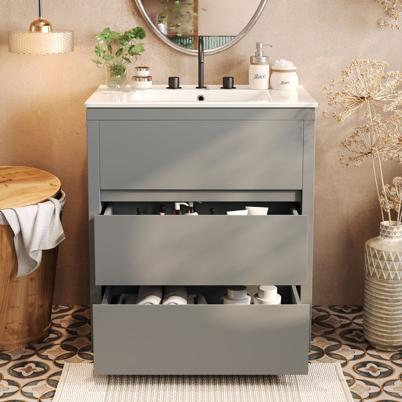 Freestanding Bathroom Vanity With Ceramic Sink, 2 Full Extension Drawers