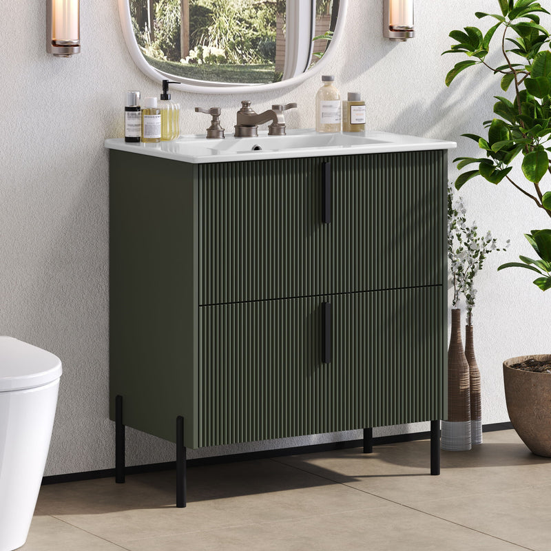 Bathroom Vanity With Ceramic Sink, Fluted Design