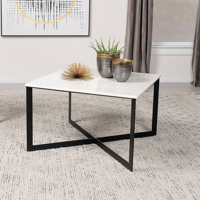 Volz - Square Coffee Table With Crisscross Base - White Marble