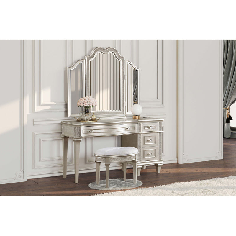 Colwood - Upholstered Oval Vanity Stool With Glitter Trim Seat - Silver Gray