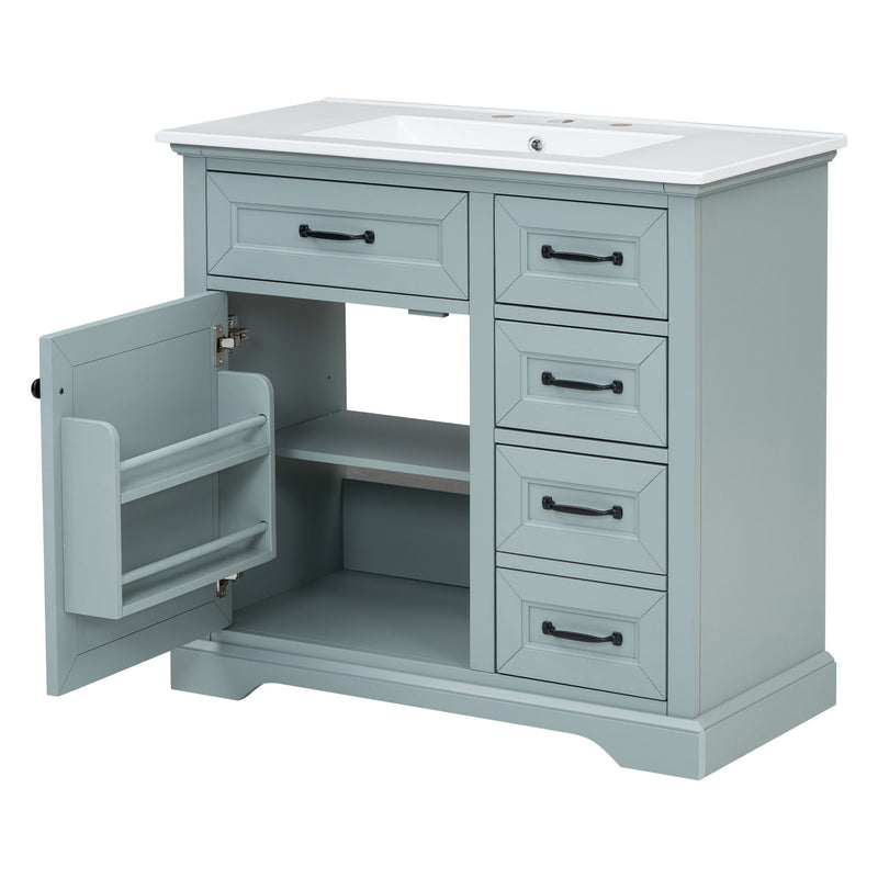 Bathroom Vanity With Ceramic Sink, Freestanding Design, 2 Tip Out Drawers, Soft Close Hinges - Gray