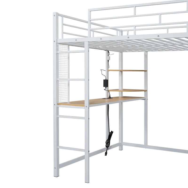 Full Size Loft Bed With Desk, Shelves, Power Outlet, LED Light And Wardrobe - White