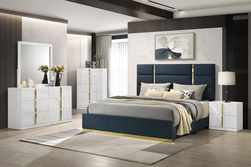 Ines 56-inch Fabric Upholstered Eastern King Panel Bed Navy