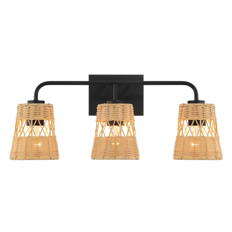 Moonlit - 3 Lights Wall Sconce With Shade, Bathroom Lighting Fixtures Over Mirror - Black / Rattan