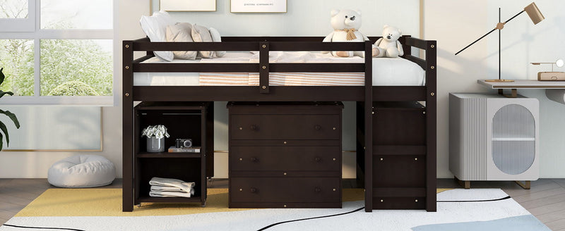 Loft Low Study Bed With Cabinet, Shelves And Rolling Portable Desk, Multiple Functions