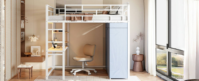 Full Size Loft Bed With Desk, Shelves, Power Outlet, LED Light And Wardrobe - White