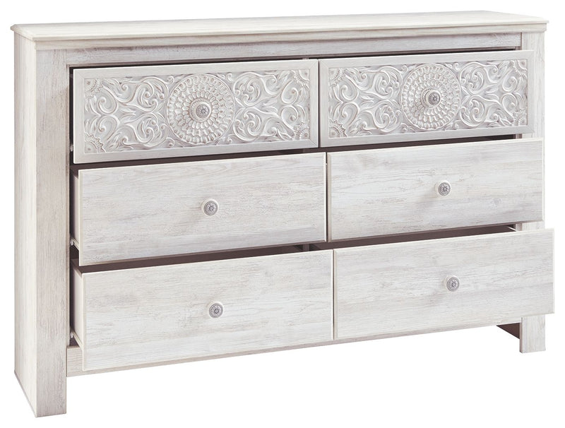 Paxberry - Six Drawer Dresser - Medallion Drawer Pulls - Whitewash