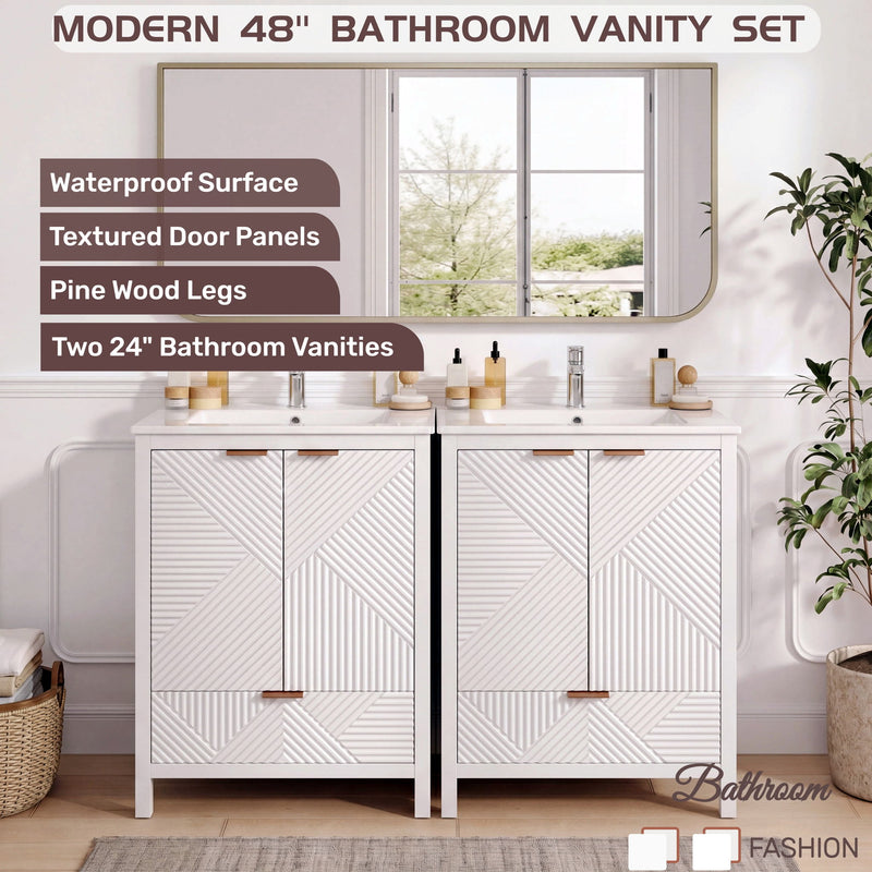 48" Bathroom Vanity Set With Textured Door Panels, Soft Close Hinges, Single Faucet Hole, Large Storage & Drawer - White