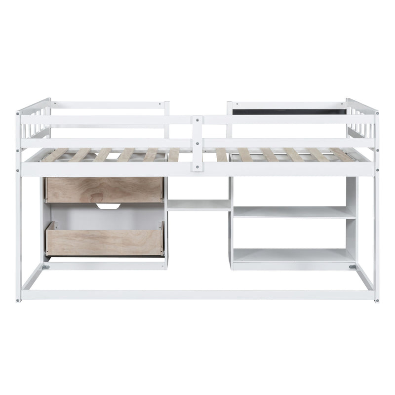 Low Loft Bed With Rolling Desk, Shelf And Drawers