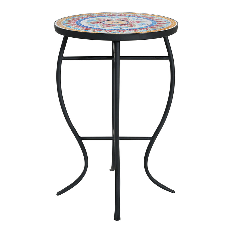 Outdoor Round Side Table With Mosaic Style Top And Curved Iron Legs