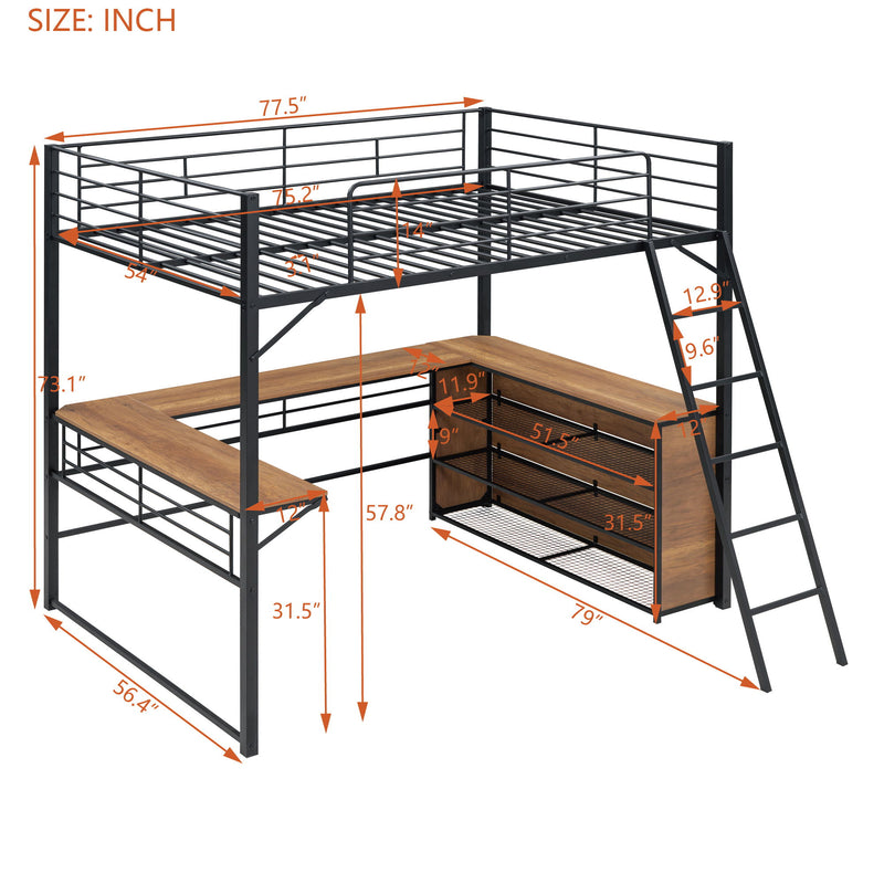 Full Size Loft Bed With 3 Layers Of Shelves And L-Shaped Desk - Black