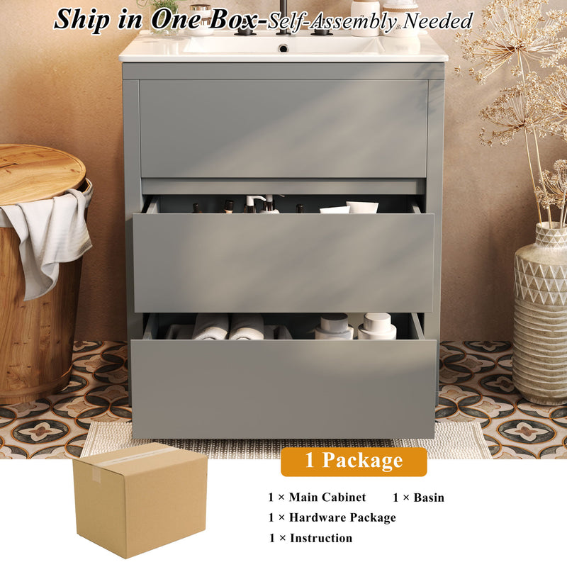 Freestanding Bathroom Vanity With Ceramic Sink, 2 Full Extension Drawers