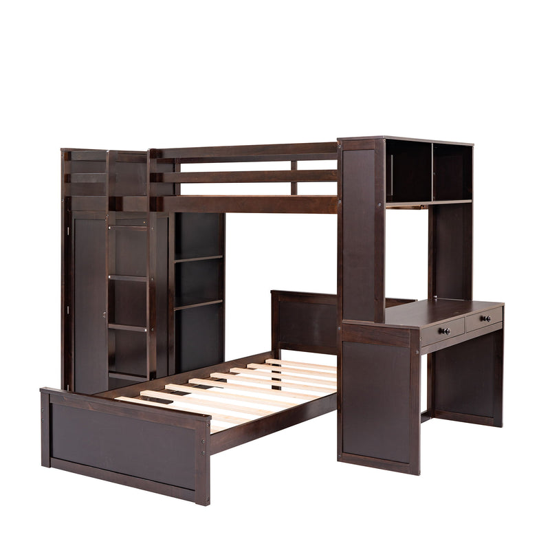 Loft Bed With A Stand Alone Bed, Shelves, Desk, And Wardrobe