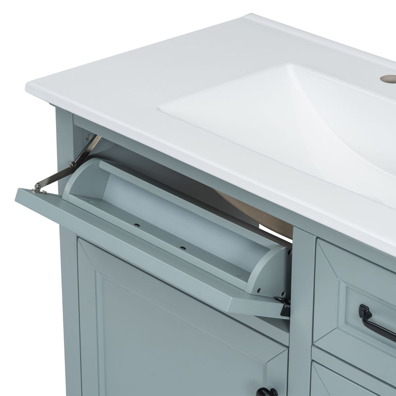 Bathroom Vanity With Ceramic Sink, Freestanding Design, 2 Tip Out Drawers, Soft Close Hinges - Gray