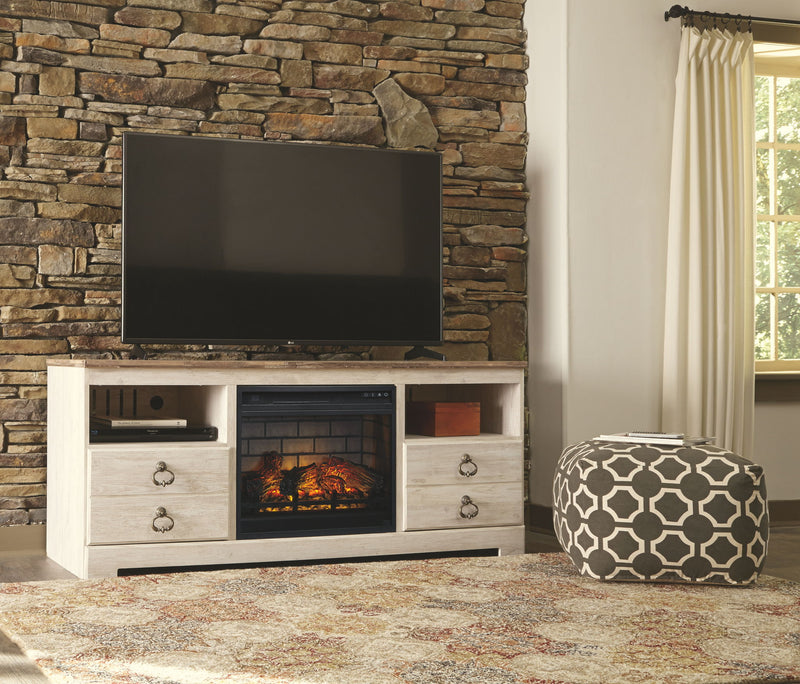 Willowton - 2 Pc. - 64" TV Stand with Faux Firebrick Fireplace Insert - Whitewash