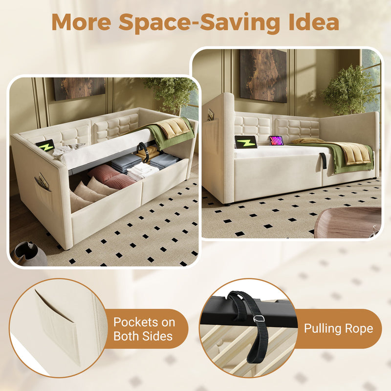 Upholstered Daybed With Hydraulic Storage And USB / Type - C Charging