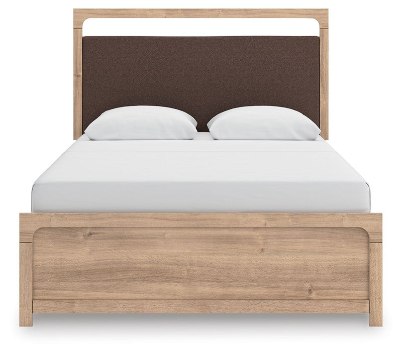 Kinlanni - 3 Pc. - Queen Upholstered Panel Bed, Dresser And Mirror - Tan