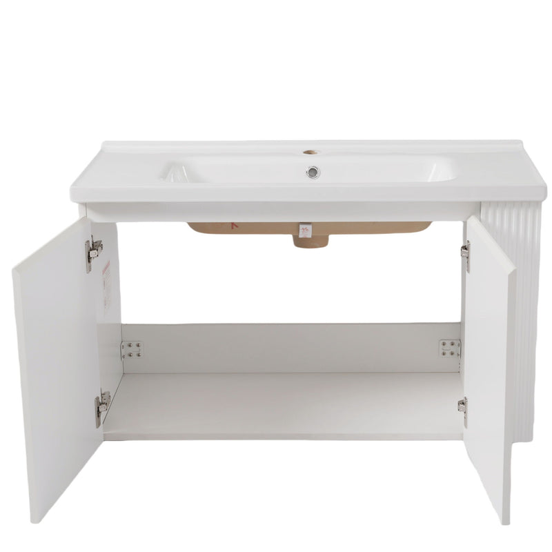 Wall Mounted Bathroom Vanity With Sink, 2 Open Shelves - White