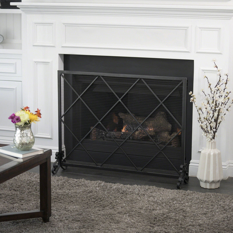 Minimalist Single Panel Iron Fireplace Screen With Diamond Design - Black
