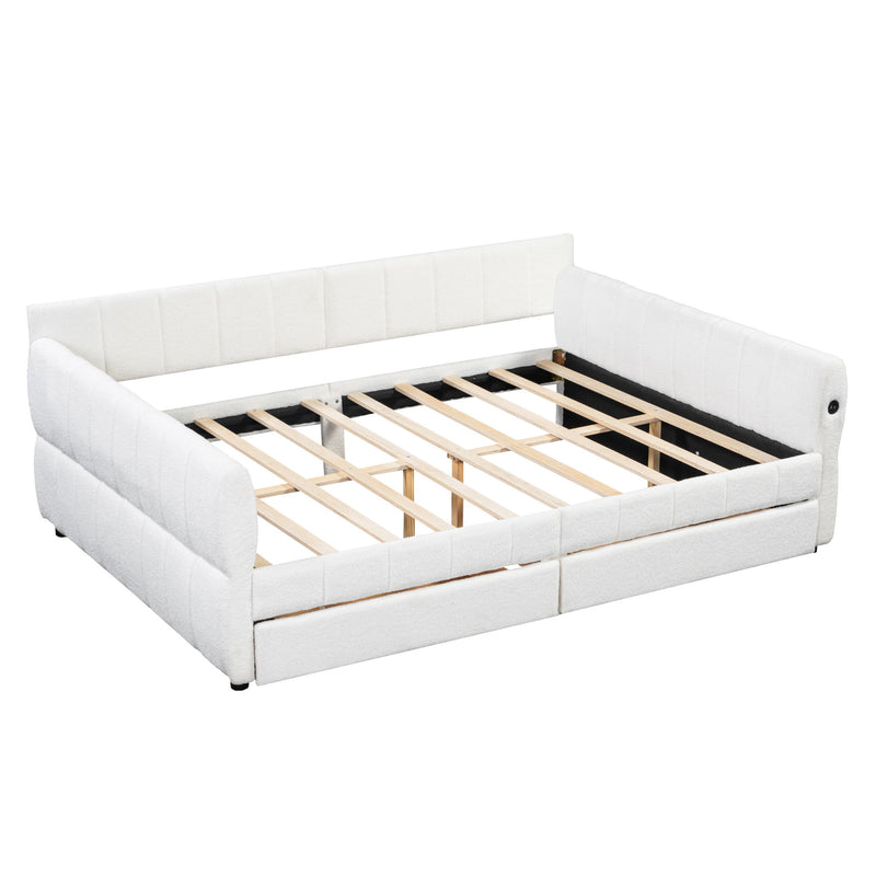 Queen Upholstered Platform Bed With USB Charging And 2 Storage Drawers - White