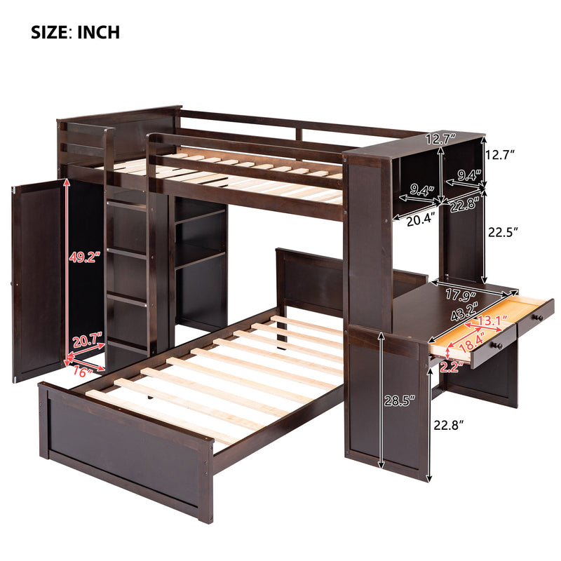 Loft Bed With A Stand Alone Bed, Shelves, Desk, And Wardrobe