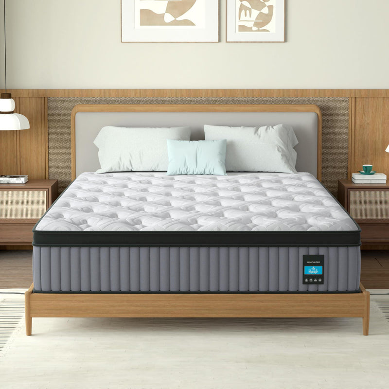 14" Hybrid Mattress, Memory Foam & Pocket Spring Bed, Cooling, Pressure Relief, Back & Hip Support - Gray / White - King