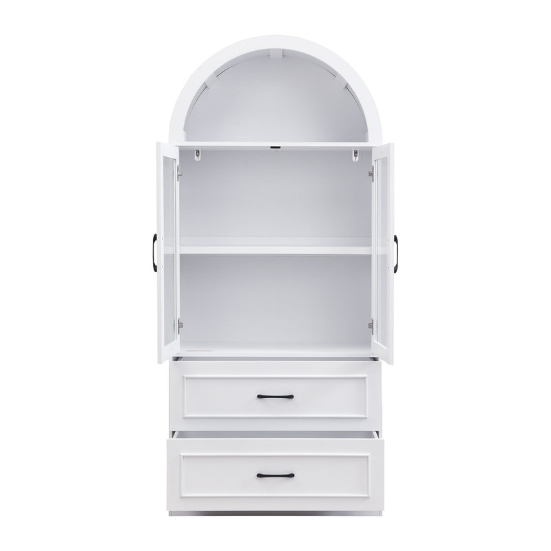 Arched Top Storage Cabinet With Fixed 2 Tier Shelves, 2 Large Drawers