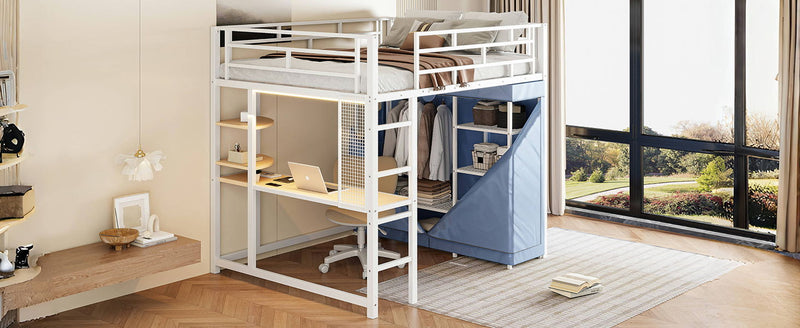 Full Size Loft Bed With Desk, Shelves, Power Outlet, LED Light And Wardrobe - White