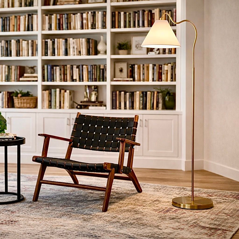 Majestic - Ring Base Curved Floor Lamp With Triangle Drum Shade - Gold / White