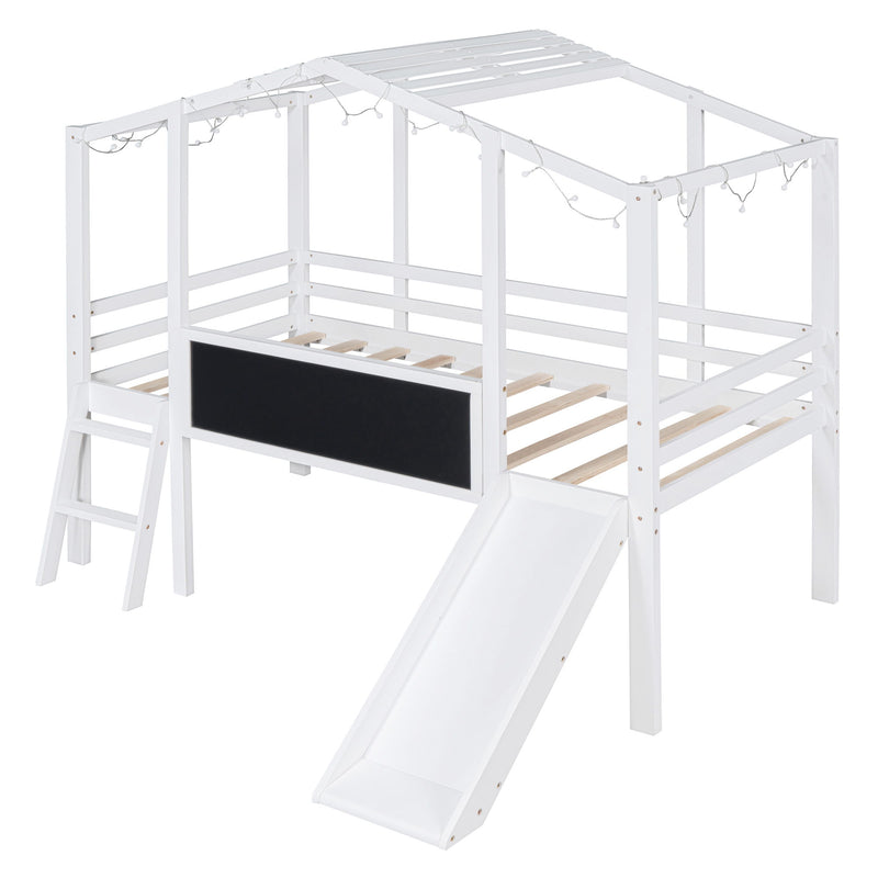 Loft House Bed With Ladder And Slide, With board And Light Strip On The Roof