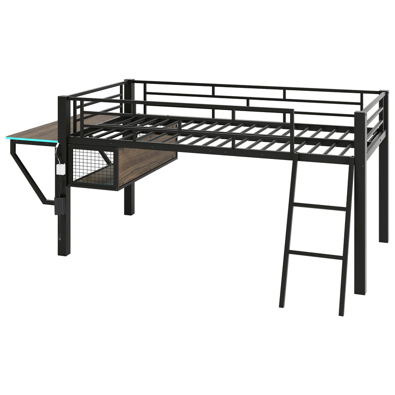 Gaming - Twin Loft Bed With Desk And LED - Black