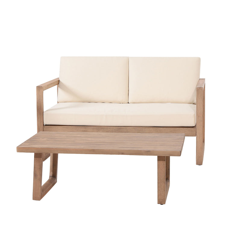 4 Pieces Acacia Wood Patio Furniture Set, Outdoor Furniture With Coffee Table, Patio Conversation Set Deep Seating With Soft Cushion, Porch Chairs For Backyard Porch Balcony - Brown Wash / Beige
