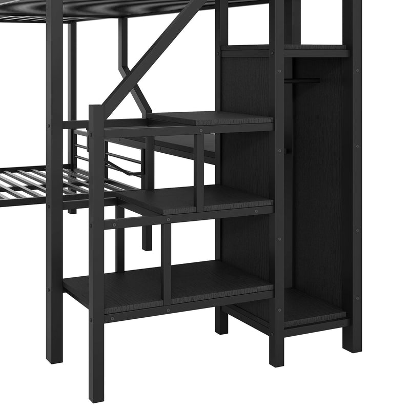 Twin Over Full L Shaped Bunk & Loft Bed With Built-In Wardrobe, Desk, And USB Ports - Black
