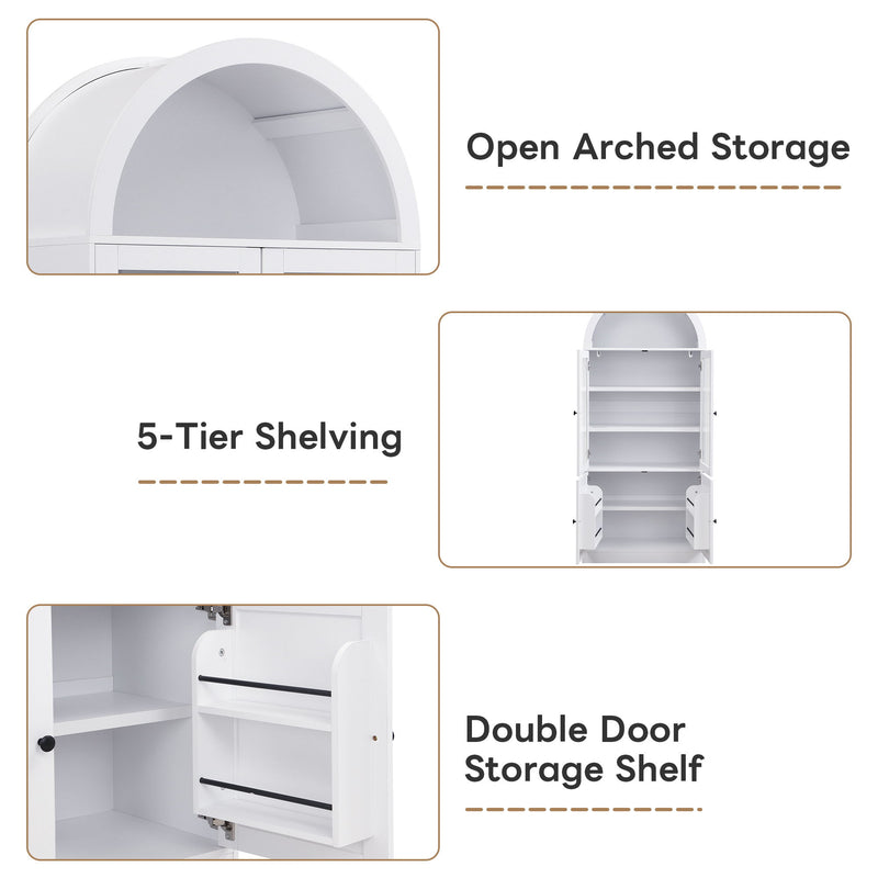 Tall Arched Top Storage Cabinet With 5 Tier Shelves, Soft Close Hinges